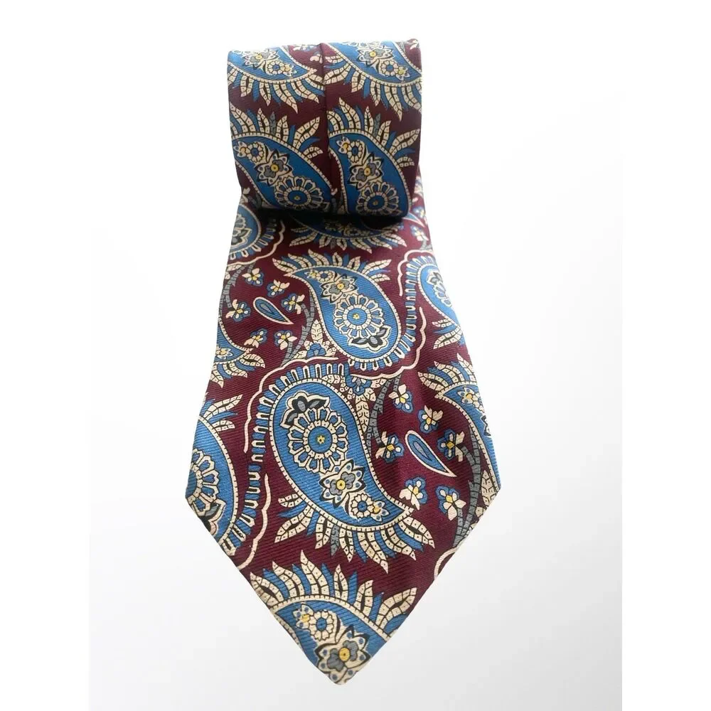 VTG Polo Ralph Lauren Silk Tie Paisley Maroon Blue Geometric Preppy Ivy Handmade